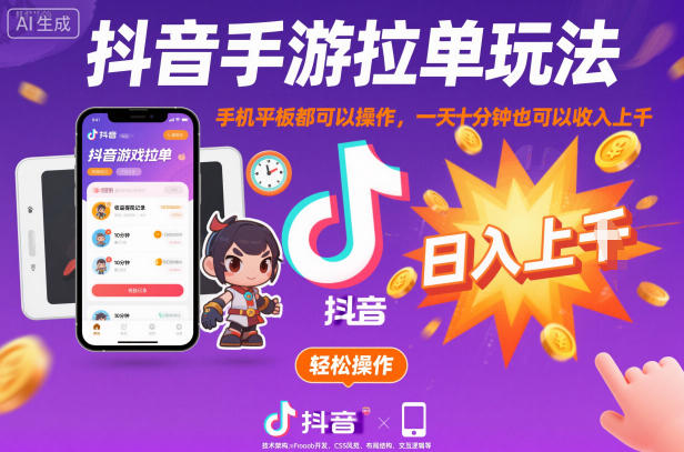 抖音手游拉单玩法,手机平板都可以操作,一天十分钟也可以收入上K